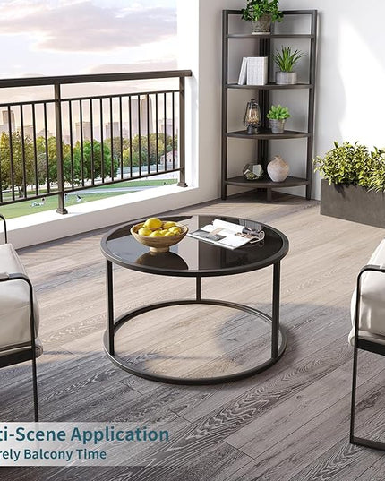 SAYGOER Black Glass Coffee Table Small Round Coffee Tables 27.6In Modern Tempered Glass-Top Accent Center Table for Living Room Home Office Small Space Easy Assembly - LeafyLoom
