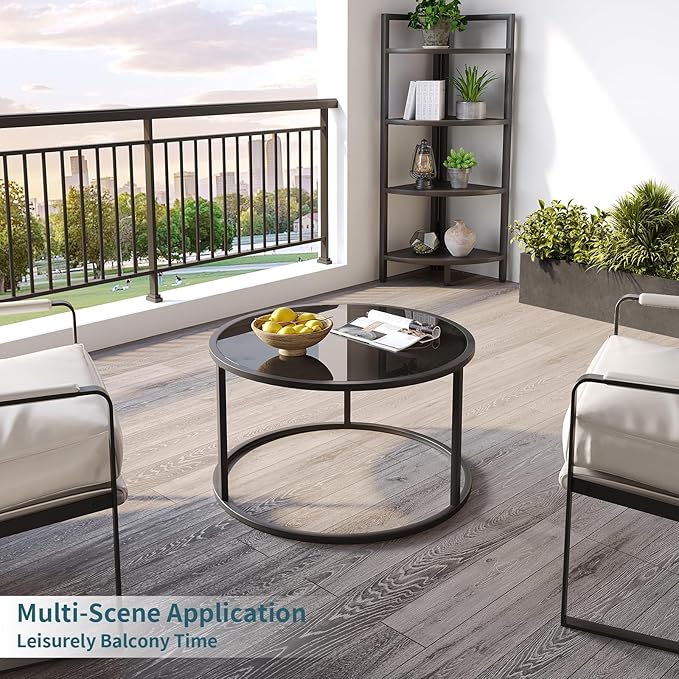 SAYGOER Black Glass Coffee Table Small Round Coffee Tables 27.6In Modern Tempered Glass-Top Accent Center Table for Living Room Home Office Small Space Easy Assembly - LeafyLoom