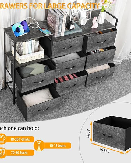 MOOACE TV Stand with Charging Station, 52'' Long TV Stand with 8 Storage Drawers and Open Shelves, Chests, Dresser for Bedroom, Living Room, Dark Gray - LeafyLoom