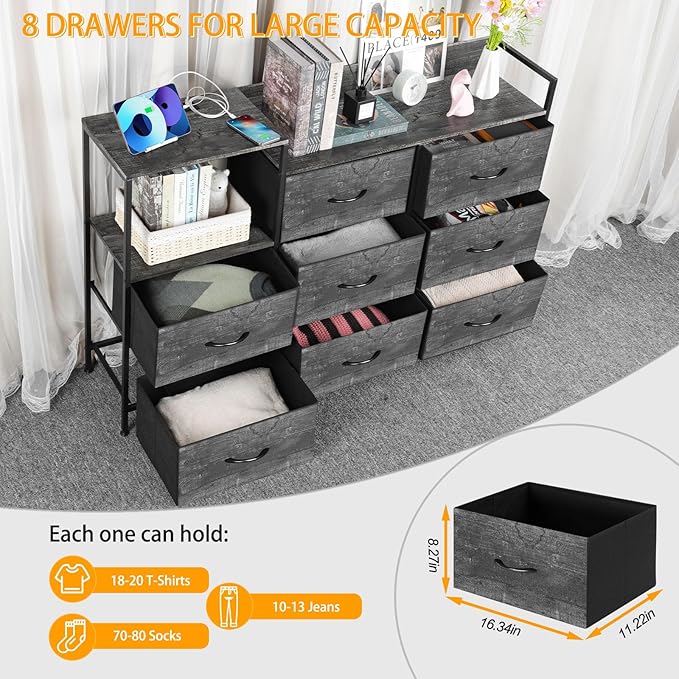 MOOACE TV Stand with Charging Station, 52'' Long TV Stand with 8 Storage Drawers and Open Shelves, Chests, Dresser for Bedroom, Living Room, Dark Gray - LeafyLoom
