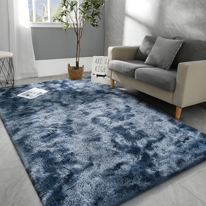 5x8 Large Area Rugs for Living Room, Super Soft Fluffy Modern Bedroom Rug, Tie-Dyed Blue Grey Indoor Shag Fuzzy Carpets for Girls Kids Nursery Room Home Decor - LeafyLoom