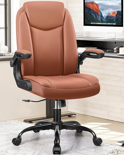 Office Chair Ergonomic Computer Desk Chair, Executive Leather Office Chair with Adjustable Flip-up Armrests Height, Swivel Task Chair with Lumbar Support Rocking Function for Home Office(Brown) - LeafyLoom