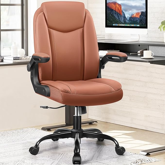 Office Chair Ergonomic Computer Desk Chair, Executive Leather Office Chair with Adjustable Flip-up Armrests Height, Swivel Task Chair with Lumbar Support Rocking Function for Home Office(Brown) - LeafyLoom