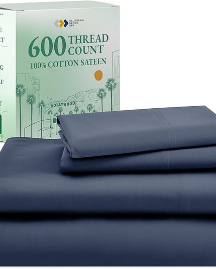 California Design Den - Luxury Full Size Sheet Set - 100% Cotton, 600 Thread Count Deep Pocket Full Size Bed Sheets, Hotel-Quality Cooling Sheets with Sateen Weave - Royal Navy Blue - LeafyLoom