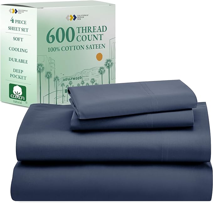 California Design Den - Luxury Full Size Sheet Set - 100% Cotton, 600 Thread Count Deep Pocket Full Size Bed Sheets, Hotel-Quality Cooling Sheets with Sateen Weave - Royal Navy Blue - LeafyLoom