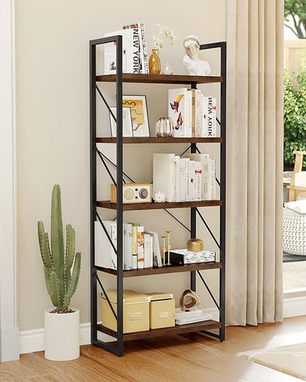 YITAHOME 5-Tier Bookshelf, Freestanding Book Shelf, Industrial Minimalist Open Display Storage Book Shelves Standing Shelving Unit for Living Room Bedroom Home Office, Rustic Brown - LeafyLoom