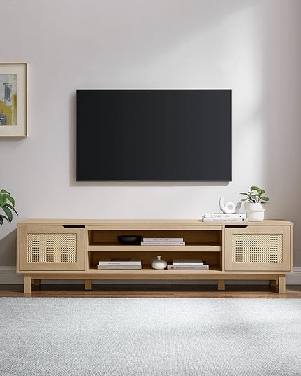 Walker Edison Destin Modern Minimal Rattan-Door Stand for TVs up to 80 Inches, 70 Inch, Coastal Oak - LeafyLoom