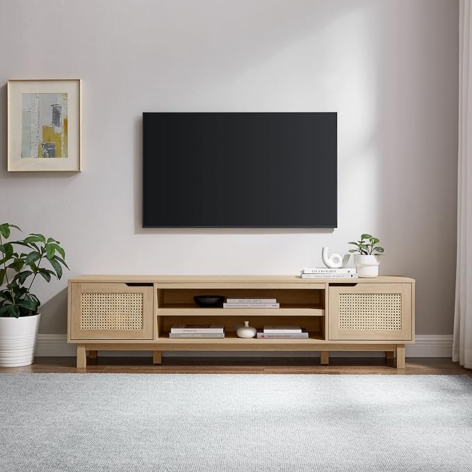 Walker Edison Destin Modern Minimal Rattan-Door Stand for TVs up to 80 Inches, 70 Inch, Coastal Oak - LeafyLoom
