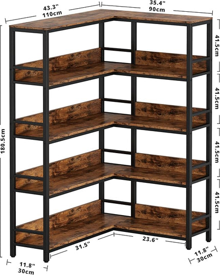 IRONCK Industrial Bookshelves 5 Tiers Corner Bookcases with Baffles Etagere Shelf Storage Rack with Metal Frame for Living Room Home Office - LeafyLoom