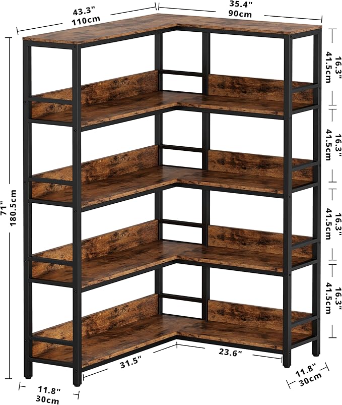 IRONCK Industrial Bookshelves 5 Tiers Corner Bookcases with Baffles Etagere Shelf Storage Rack with Metal Frame for Living Room Home Office - LeafyLoom