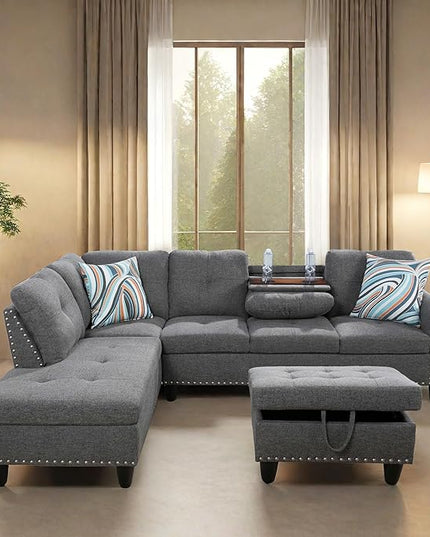 Sofa with Ottoman Modern Sectional Living Room, Bedroom, Office, L Shaped Couch Grey - LeafyLoom