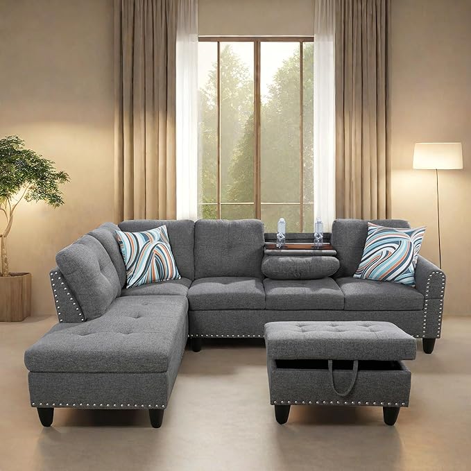 Sofa with Ottoman Modern Sectional Living Room, Bedroom, Office, L Shaped Couch Grey - LeafyLoom