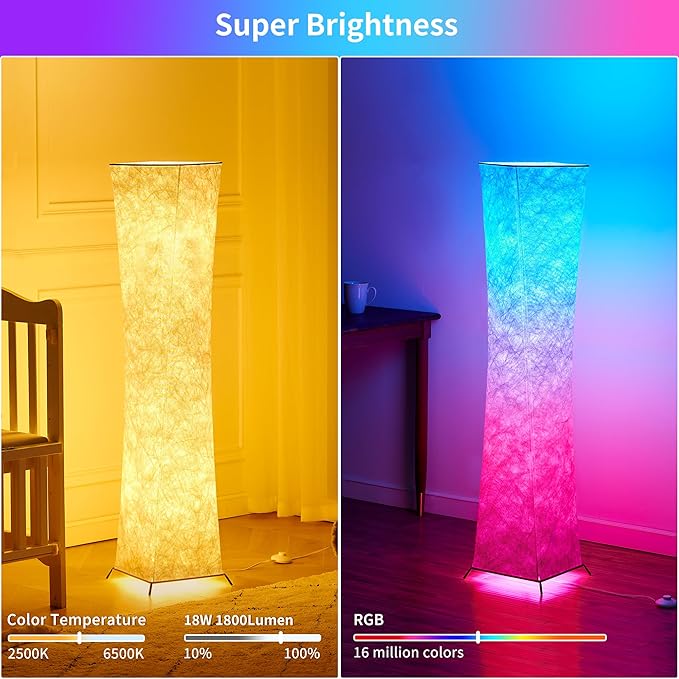 chiphy Floor lamp, RGB Standing Lamps for Bedroom, 7 Colors Changing and Dimmable LED Bulbs, Remote Control and White Fabric Shade, Modern Light for Living Room and Play Room - LeafyLoom