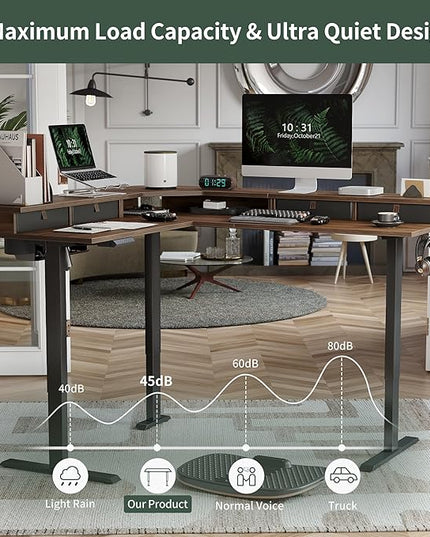FEZIBO 63" L Shaped Standing Desk with 4 Drawers, Electric Standing Gaming Desk Adjustable Height, Corner Stand up Desk with Splice Board, Black Frame/Black Walnut Top - LeafyLoom