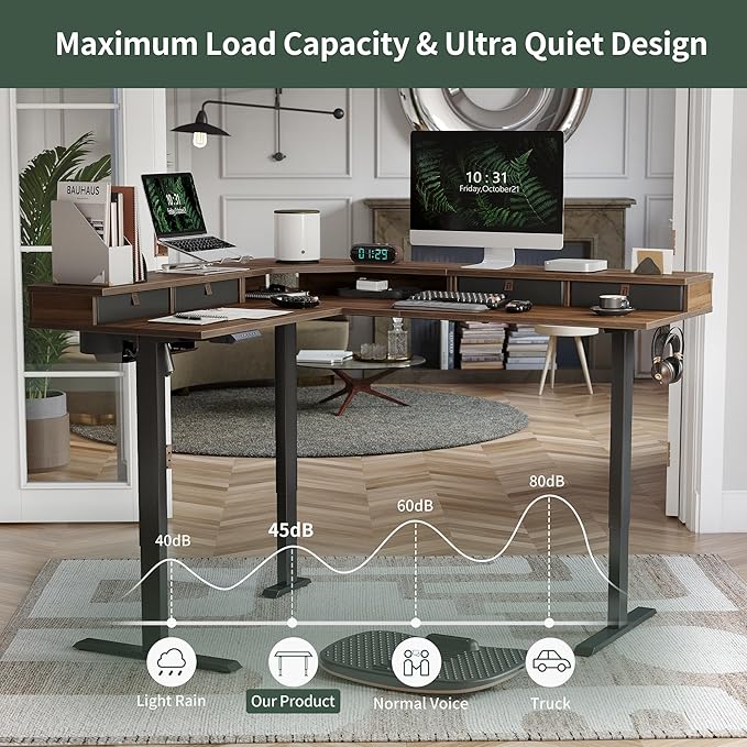 FEZIBO 63" L Shaped Standing Desk with 4 Drawers, Electric Standing Gaming Desk Adjustable Height, Corner Stand up Desk with Splice Board, Black Frame/Black Walnut Top - LeafyLoom