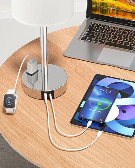Bedside Table Lamps for Bedroom Set of 2 - Touch Nightstand Lamp with USB-A+C Charging Ports & AC Outlet - 3 Way Dimmable Small Desk Lamp White for Office, Living Room, Reading - LeafyLoom
