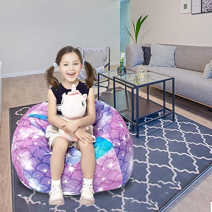 Stuffed Animal Storage Bean Bag Chair Cover, Hold Kids Plush Toys Blankets Towels Beanbag (Cover Only), Canvas Floor Circle Stuff Sit Seat Sofa with YKK Zipper, Large 32", Classic Mermaid - LeafyLoom
