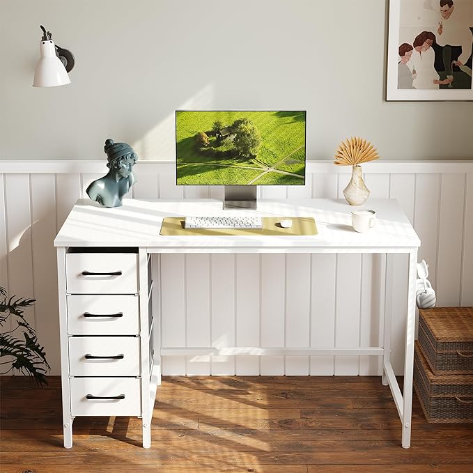 CubiCubi 40 Inch Computer Desk with 4 Drawers, Home Office Small Desk with Storage, Modern Study Writing Desk, White - LeafyLoom