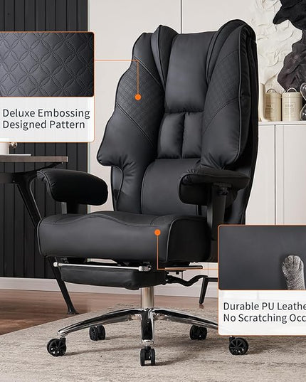 Big and Tall Office Chair 400lbs Wide Seat, Leather High Back Executive Office Chair with Foot Rest, Ergonomic Office Chair Lumbar Support for Lower Back Pain Relief (Black) - LeafyLoom
