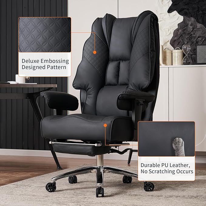 Big and Tall Office Chair 400lbs Wide Seat, Leather High Back Executive Office Chair with Foot Rest, Ergonomic Office Chair Lumbar Support for Lower Back Pain Relief (Black) - LeafyLoom