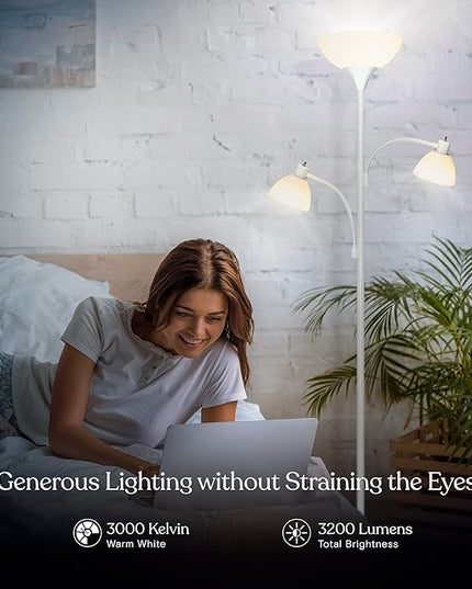 Brightech Sky Dome Double – High Brightness Torchiere Floor Lamp with 2 Reading Lights for Living Rooms, Bedrooms – Replace Halogen Standing Lamps with Efficient LED Office Lighting - Tall White Pole - LeafyLoom