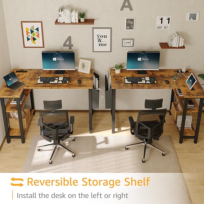 Small L Shaped Desk with Power Outlet Shelves, 40 Inch Corner Desk for Small Space Home Office, Study Work Computer Desks with Charging Station, Rustic Brown - LeafyLoom