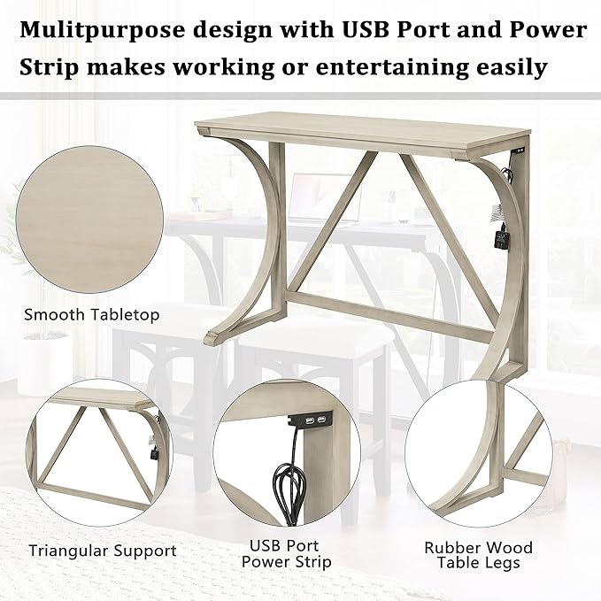 NicBex Kitchen Table for 2 Dining Table 3-Piece Counter Height Dining Table Set with USB Port and Upholstered Stools for Home, Kitchen, Dining Room, Wooden Frame, Cream - LeafyLoom