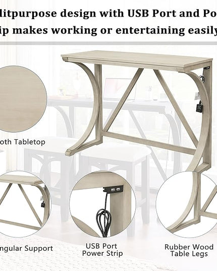 Voohek 3 Piece Counter Height Dining Set, Sofa Table with 2 Stools and USB Port for Bar, Console, Kitchen, Living Room, Apartment, Office, Small Places, Cream - LeafyLoom
