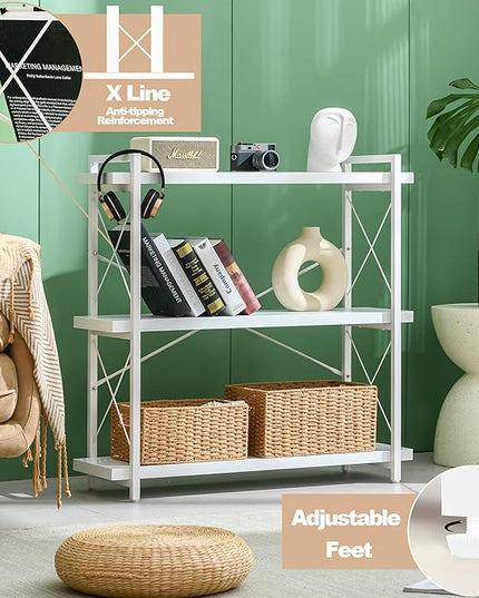 HCHQHS Bookshelf, 3-Tier Industrial Bookcase, White Open Book Shelf, Freestanding Horizontal Bookshelves with Metal Frame - LeafyLoom