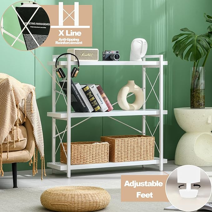 HCHQHS Bookshelf, 3-Tier Industrial Bookcase, White Open Book Shelf, Freestanding Horizontal Bookshelves with Metal Frame - LeafyLoom