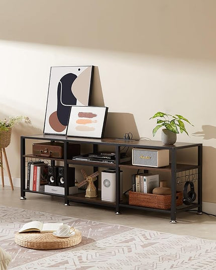 VECELO TV Stand with Power Outlets for Televisions Up to 70 Inch, Industrial Entertainment Center with 3-Tier Open Storage Shelves & 6 Hooks for Living, Bedroom and Gaming Room, 63 Inch, Brown - LeafyLoom