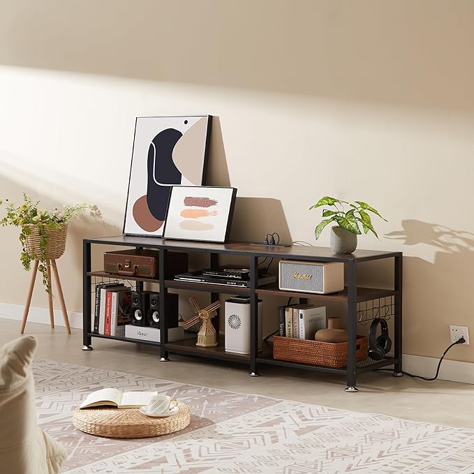 VECELO TV Stand with Power Outlets for Televisions Up to 70 Inch, Industrial Entertainment Center with 3-Tier Open Storage Shelves & 6 Hooks for Living, Bedroom and Gaming Room, 63 Inch, Brown - LeafyLoom