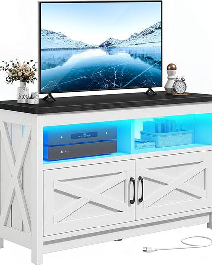 YITAHOME Entertainment Center with Power Outlets, RGB LED TV Stand for up to 40 Inch TVs, Farmhouse Media Console TV Cabinet for Living Room, X-Shape Design (35 Inches, Black/White) - LeafyLoom
