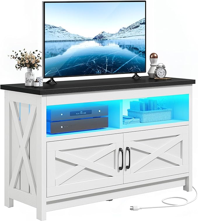 YITAHOME Entertainment Center with Power Outlets, RGB LED TV Stand for up to 40 Inch TVs, Farmhouse Media Console TV Cabinet for Living Room, X-Shape Design (35 Inches, Black/White) - LeafyLoom