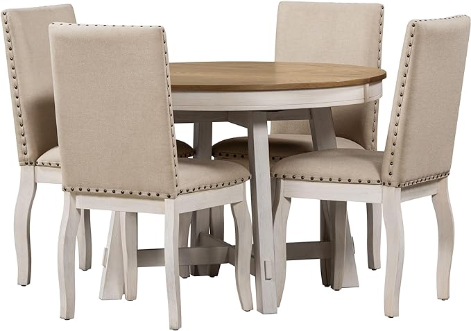 NicBex Round Dining Table Dining Room Set 5-Piece Farmhouse Dining Table Set Wood Round Extendable Dining Table and 4 Upholstered Dining Chairs for Set, Oak Natural Wood + Antique White - LeafyLoom
