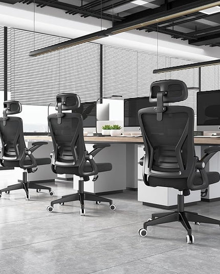 Ergonomic Office Chair, Mid Back Desk Chair with Adjustable Height, Swivel Chair with Flip-Up Arms and Lumbar Support, Breathable Mesh Computer Chair with Headrest (Black) - LeafyLoom