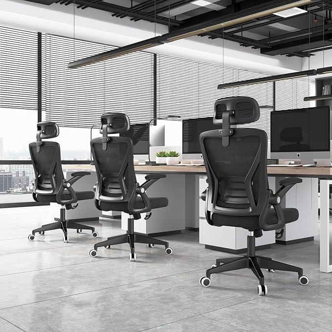Ergonomic Office Chair, Mid Back Desk Chair with Adjustable Height, Swivel Chair with Flip-Up Arms and Lumbar Support, Breathable Mesh Computer Chair with Headrest (Black) - LeafyLoom