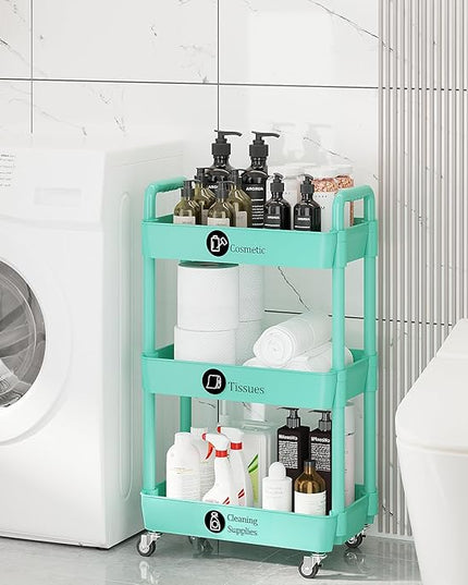 3-Tier Storage Cart,Multifunction Utility Rolling Cart Kitchen Storage Organizer,Mobile Shelving Unit Cart with Lockable Wheels for Bathroom,Laundry,with Classified Stickers,Green - LeafyLoom