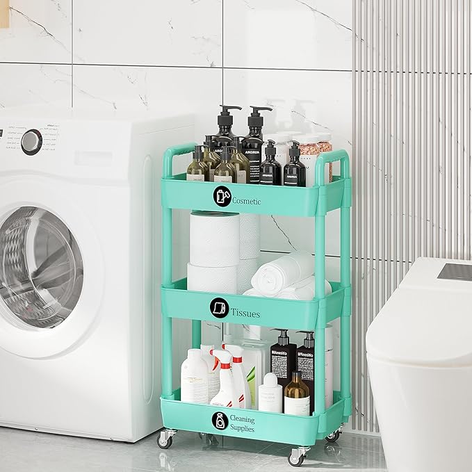3-Tier Storage Cart,Multifunction Utility Rolling Cart Kitchen Storage Organizer,Mobile Shelving Unit Cart with Lockable Wheels for Bathroom,Laundry,with Classified Stickers,Green - LeafyLoom