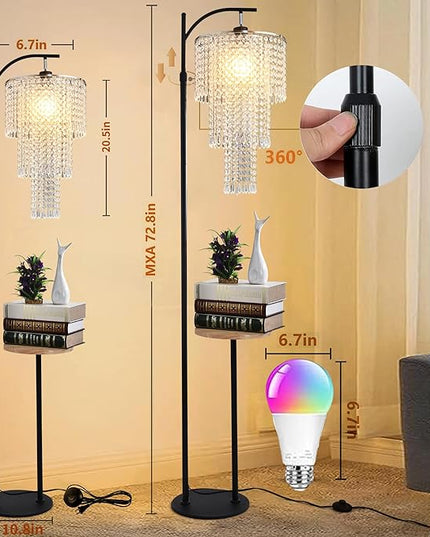 Arc Floor Lamp with Table Shelves Elegant Modern Crystal Floor Standing Lamps with Remote Control Dimmable LED Floor Lamp Crystal Shade with 10 Color Black Adjustable Tall Lamp For Living Room Bedroom - LeafyLoom