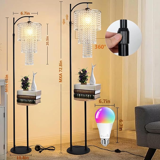 Arc Floor Lamp with Table Shelves Elegant Modern Crystal Floor Standing Lamps with Remote Control Dimmable LED Floor Lamp Crystal Shade with 10 Color Black Adjustable Tall Lamp For Living Room Bedroom - LeafyLoom