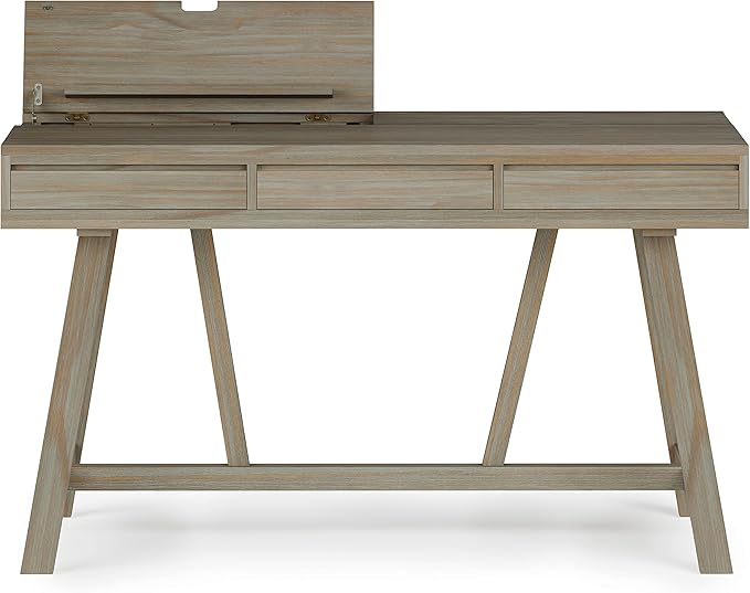 SIMPLIHOME Bowman SOLID WOOD Modern Industrial 54 Inch Wide Flip Up Desk in Distressed Grey, For the Office Desk, Writing Table, Workstation and Study Table - LeafyLoom