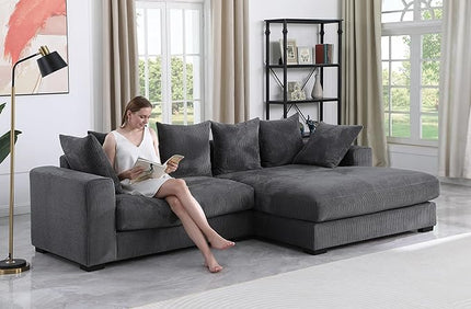 110" Modern L-shaped Sectional Sofa with Big Chaise,Upholstered Sleeper Couch W/ 6 Throw Pillows & Generously Armrests,Easy Assembly,Spacious Loveseat for Living Room Apartment Home,Dark Gray - LeafyLoom