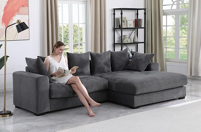 110" Modern L-shaped Sectional Sofa with Big Chaise,Upholstered Sleeper Couch W/ 6 Throw Pillows & Generously Armrests,Easy Assembly,Spacious Loveseat for Living Room Apartment Home,Dark Gray - LeafyLoom