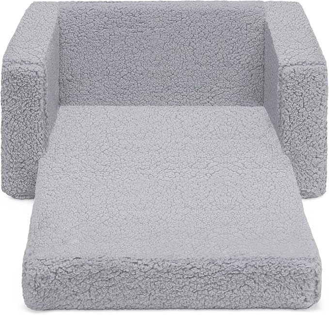 Delta Children Cozee Flip-Out Sherpa 2-in-1 Convertible Chair to Lounger for Kids, Grey - LeafyLoom