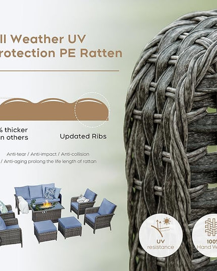 Yechen Patio Conversation Set 9 Seats with 44" Propane Gas Fire Pit Table - 8 Pcs Outdoor Wicker Furniture Set with Lid & Wind Shields - Sectional Sofa Set for Porch,Backyard - LeafyLoom