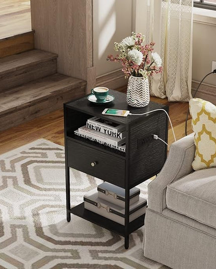 LDTTCUK Nightstand with Charging Station, Modern End Table with Drawer, Bedside Table with Open Storage for Bedroom,Black - LeafyLoom