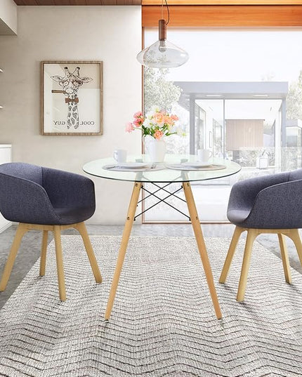 FurnitureR 31.5 Inch Modern Round Dining Table Glass with Wooden Legs for Home Kitchen Living Room Corner Small Spaces Leisure - LeafyLoom