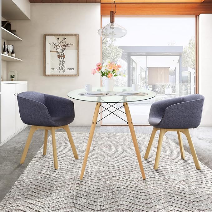 FurnitureR 31.5 Inch Modern Round Dining Table Glass with Wooden Legs for Home Kitchen Living Room Corner Small Spaces Leisure - LeafyLoom