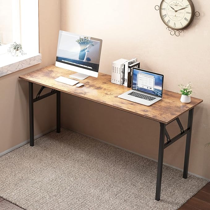 SogesGame Computer Desk, 62 Inch Large Desk Modern Simple Style Folding Tables, Home Office Writing Desk, Space Saving Foldable Table, No Install Needed, Retro Black - LeafyLoom